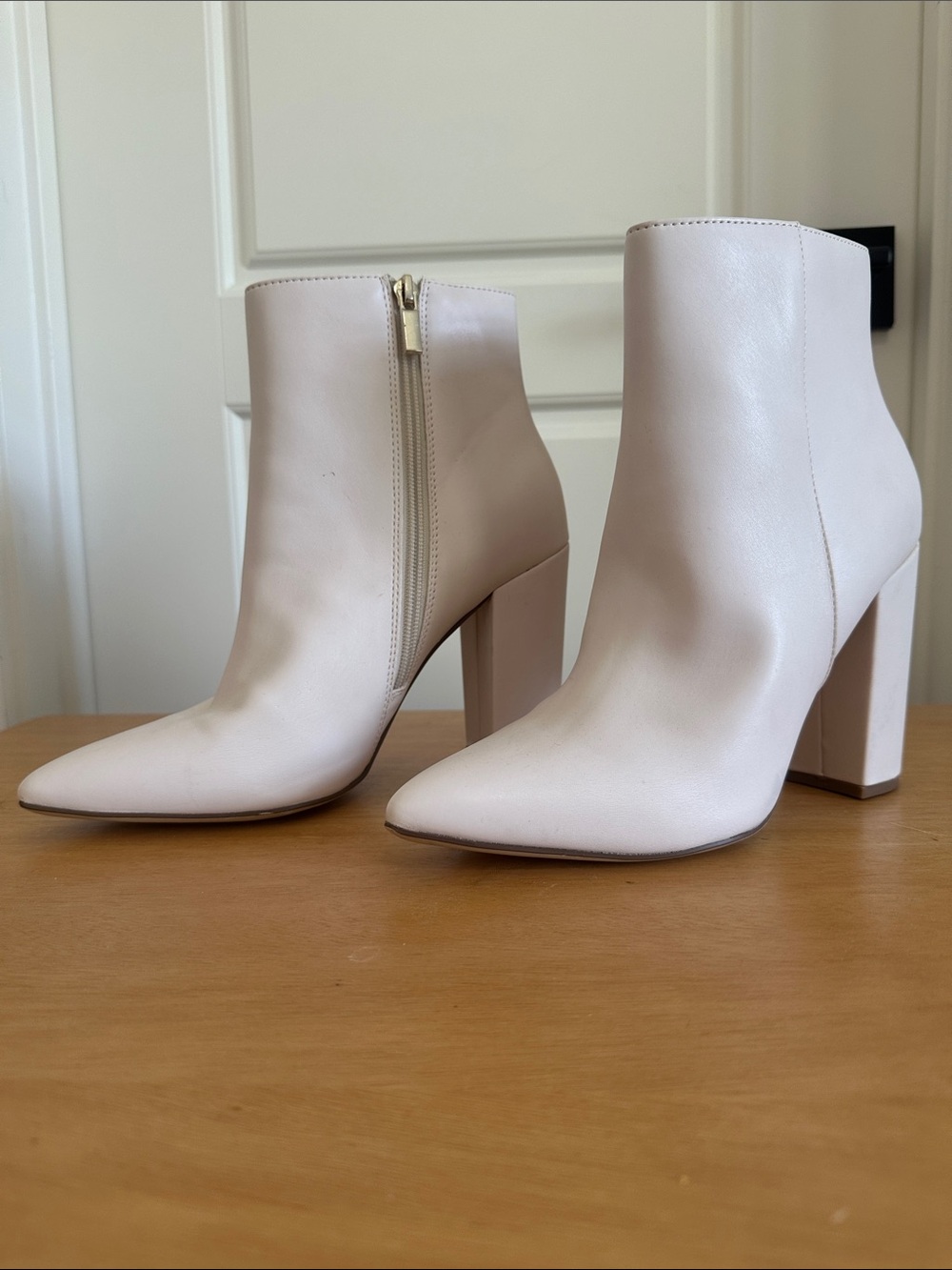JustFab Cream Pointed-Toe Block Heel Ankle Boots